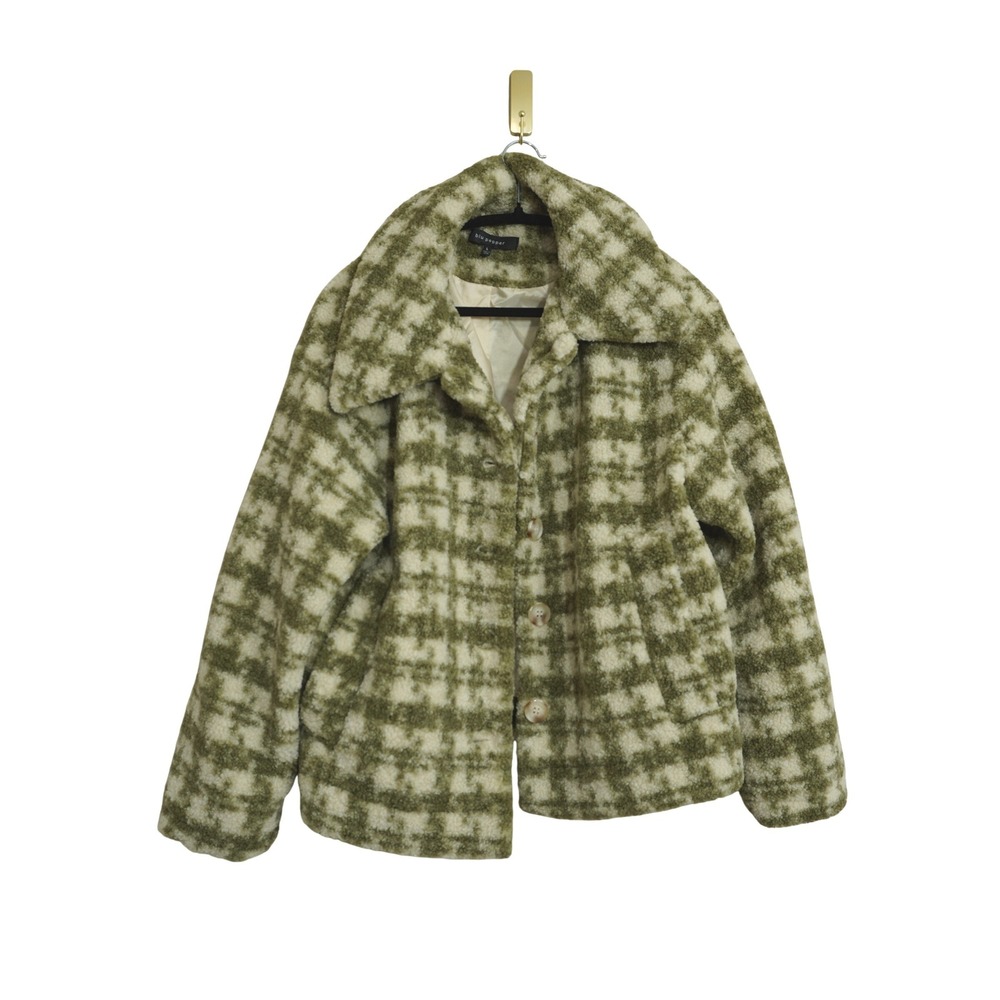 Blu Pepper Large Green Boho Checkered Sherpa Jacket Faux Fur Button Front Coat